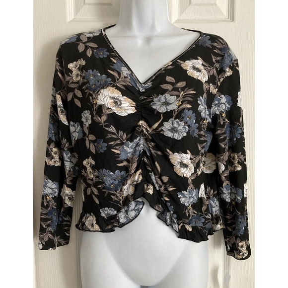 BONGO Black Floral Blouse Juniors Size M Cinched Front Shirt Long Sleeve Top NWT - Picture 1 of 11